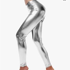 Brand New With Tags! Shiny Wet Look Liquid Fabric, Wrinkle-Resistant, Stretchy, Full-Length And Comfortable Leggings; , Soft, Sexy, Figure-Hugging, And Creates A Nice Silhouette. L/Xl 95% Polyester 5% Spandex Elf Leggings, Disco Leggings, Silver Leggings, Runway Inspiration, Dance Leggings, Metallic Leggings, Ankle Length Leggings, Metal Clothing, Shiny Leggings