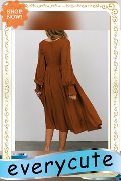 Brown Polka Dot Pleated V Neck Long Sleeve Dress Solid Billowy Dress For Fall, Billowy Solid Color Dress For Fall, Billowy Fall Dress, Brown Long Sleeve Solid Midi Dress, Brown Long Sleeve Midi Dress, Flowy Solid Color Midi Dress For Fall, Billowy Knee-length Dress For Fall, Billowy Knee-length Fall Dress, Brown Solid Color Midi Dress For Fall