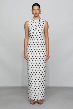 Polished and playful, this polka-dot gown features a draped bust and belted waist. Carpet Colors, Body Measurements, All Black, Jumpsuit Dress, Color Block, Red Carpet, Polka Dot, Polka Dots, Black And Red