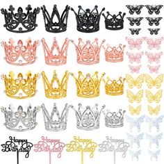 many different types of tiaras with butterflies on them and one is pink, yellow, blue