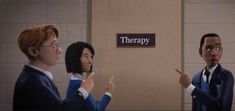 three people standing in front of a sign that says therapy and pointing to the wall