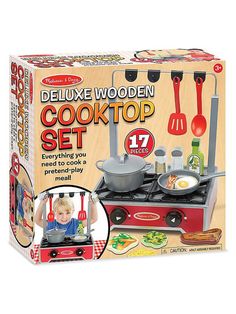 the deluxe wooden cooktop set includes cooking utensils