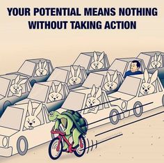 a man riding a bike next to a bunch of boxes with cats on them and the words, your potential means nothing without taking action