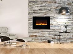 a living room with a chair and a fire place in the wall that is lit up