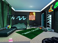 a bedroom with green carpet and black furniture in the room is furnished with modern decor