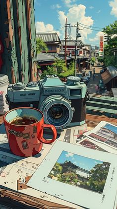 #AiArtwork Anime Vintage Wallpaper, Bright Wallpaper Iphone, Comfort Artwork, Red Coffee Mug, Japanese Buildings, Japanese Town, Studio Ghibli Background, Bright Blue Sky, Outside The Window