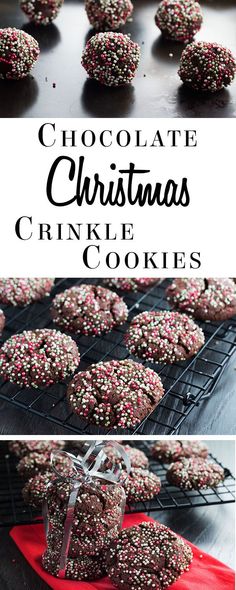 chocolate christmas crinkle cookies with sprinkles on the top and bottom