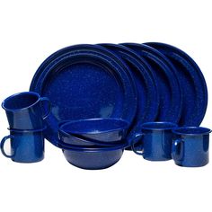 a blue dinnerware set with cups and saucers