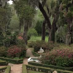 a garden with lots of trees and bushes around it, including a fountain in the center