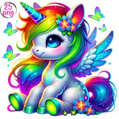 a cartoon unicorn sitting on the ground with butterflies around it