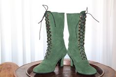 "Request a Custom Order and have something made just for you! This is an individual boot execution 100% hand made in green forest suede leather and lined also in suede leather. Order your custom boots for wider feet , strong calf and also for wider feet. The specified sizes are European. Mid calf height: height of the heel 2,6\" inch/ 7 cm the hell height available also in shorter size 2\"inch / 5 cm length of the boot from the bottom of the sole (at the heel) to the top 10\" inch / 25,5cm All m Green Suede Closed Toe Boots, Fitted Green Boots With Leather Sole, 1900 Shoes, Green Boots Outfit, Edwardian Boots, Green Leather Boots, Ankle Lace Up Boots, Retro Boots, Granny Boots