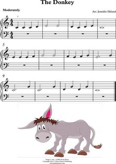 the donkey is standing in front of music sheets with notes and numbers for each sheet