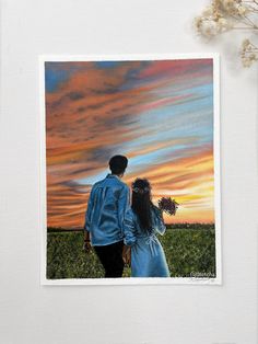 a painting of two people standing next to each other in front of a sunset sky