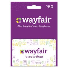 the wayfair gift card is in front of a purple background with white lettering