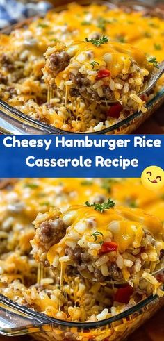 cheesy hamburger rice casserole recipe in a glass dish