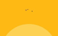 two birds flying in the sky over an orange and yellow background with sun behind them