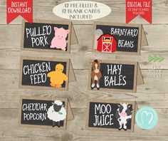 farm animals and barnyard signs are displayed on a wooden table with paper cut outs