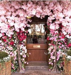 pink and white flowers are growing on the outside of an entrance to a building with wooden doors