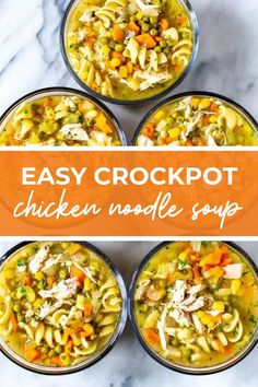 easy crockpot chicken noodle soup in four bowls