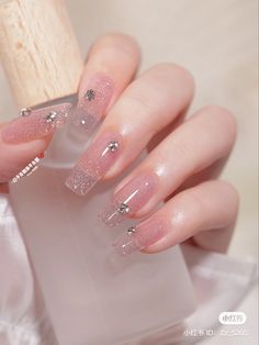 Korean Clear Nails, Polygel Nail Designs, Clear Glitter Nails, Nails 2023