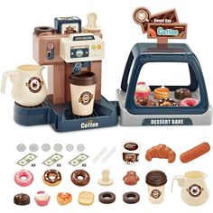 an assortment of toys including coffee maker and donuts