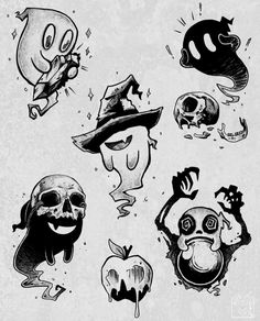 some cartoon characters are drawn in black and white