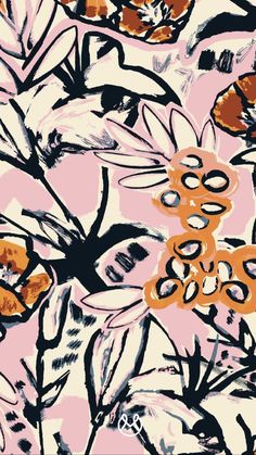 an abstract painting of flowers and leaves on a light pink background with black, orange, and white colors