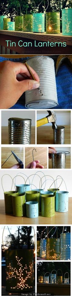 tin can lanterns that are sitting on a table with string lights in them and the words how to make them