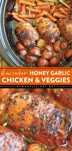 Try this crockpot recipe for dinner featuring honey garlic chicken! Not only are these chicken and veggies as easy as throwing everything right in, but they are also flavor-packed. Save this slow cooker meal idea and enjoy this one-pot wonder! Honey Garlic Chicken And Veggies, Slow Cooker Honey Garlic Chicken, Resep Vegan, Veggies Recipes, Chicken And Veggies, Salad Pasta, Honey Garlic Chicken, No Cooking, Crock Pot Slow Cooker