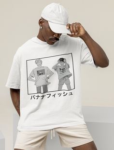 Anime Style Cotton T-shirt With Front Print, White Cotton T-shirt For Fan Events, White Anime Print T-shirt For Fans, Cotton Fandom T-shirt For Fan Events, Casual T-shirt With Screen Print For Fan Gatherings, White Anime T-shirt With Letter Print, White Harajuku T-shirt With Front Print, Cotton Fan Apparel T-shirt For Gatherings, White Hip Hop Tops With Character Print