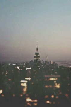 an aerial view of a city skyline at dusk with the empire building in the distance