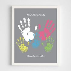 an image of two hand prints with the words happy ever after on it in white frame