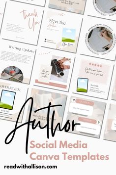 a bunch of social media postcards with the words author and images on them in black