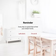 a white room with a wooden table and chairs next to a clock on the wall