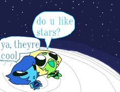 two cartoon characters are talking to each other in the sky with stars above them and an empty speech bubble that says do u like stars?