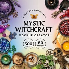 a poster with lots of items on it and the words mystic witchcraft mockup creator