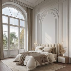 a large bed sitting in the middle of a bedroom next to a tall arched window