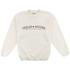 Cream long sleeve with maroon TEXAS AGGIES print Cream Sweatshirt With Embroidered Text For Fall, Embroidered Corduroy, College Station Texas, Texas Aggies, What Should I Wear, College Station, Closet Goals, Texas A&m, Oversized Pullover