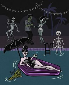 a woman in a bathing suit floating on an inflatable raft next to skeletons