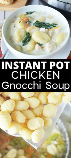 instant pot chicken gnocchini soup in a white bowl with spinach on the side