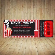 a movie ticket birthday party with popcorn and drink