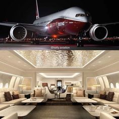 the inside and outside of an airplane at night