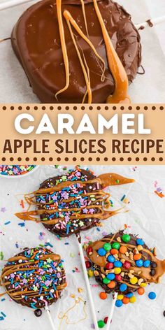 caramel apple slices with chocolate frosting and sprinkles on them are shown