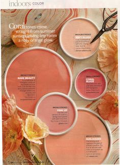 three different shades of pink and orange on the cover of an outdoor color magazine with flowers