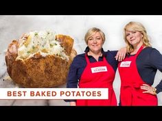 two women in red aprons standing next to a loaf of bread with the words best baked potatoes on it