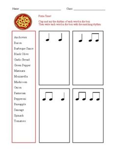 music worksheet with notes, pizza and trebles on the front page