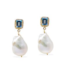 Luccichio Gold Vermeil Blue Topaz & Pearl Earrings | Vintouch Italy | Wolf & Badger Wedding Wardrobe, Fine Gold Necklace, April Birthstone Jewelry, March Birthstone Jewelry, Forever Jewelry, Silver Stacking Rings, Gold Pearl Earrings, Pearl Jewellery Earrings