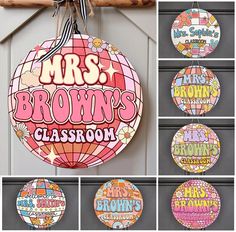 the front and back of this door hanger is decorated with many different words, including mrs brown's class room