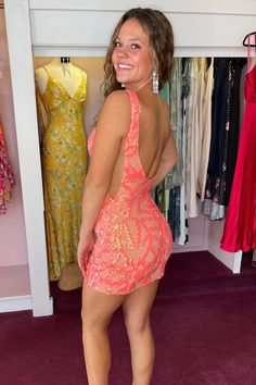 Turn heads and make a bold statement with our Orange Sequin Lace Plunge V Backless Short Dress. This sheath-style dress is made from dazzling sequin fabric and features a vibrant orange color that's perfect for standing out at any event. The V-neck neckline adds a touch of daring elegance, while the sleeveless design and backless detail ensure you look stunning from every angle. Details: Silhouette: Sheath style Fabric: Sequin Fabric Color: Orange Color Length: Short Mini Neckline: V-neck Neckli Customized Dress, Backless Short Dress, Short Homecoming Dress, Lace Neckline, Dress Orange, Note Box, Junior Bridesmaid