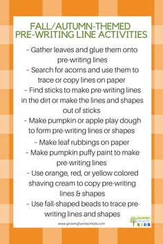 an orange and white checkered table cloth with the words fall / autumn - themed pre - writing line activities